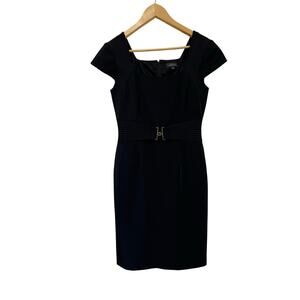 Tahari Arthur Levine Black Belted Cap Sleeve Career Sheath Work Dress Size 4